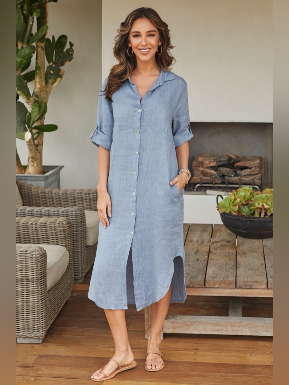 (60601-SOL-MOCH) SOLID MIDI-LENGTH BUTTON DOWN LINEN DRESS - Picture 2 of 4